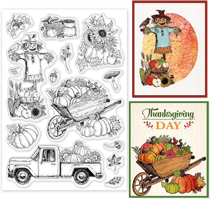 ORIGACH Autumn Harvest Clear Stamps, Autumn Pumpkin Scarecrow Pickup Sunflower Leaves Transparent Silicone Stamps for Card Making Thanksgiving Scrapbooking Journal Crafting 6.3x4.3inches