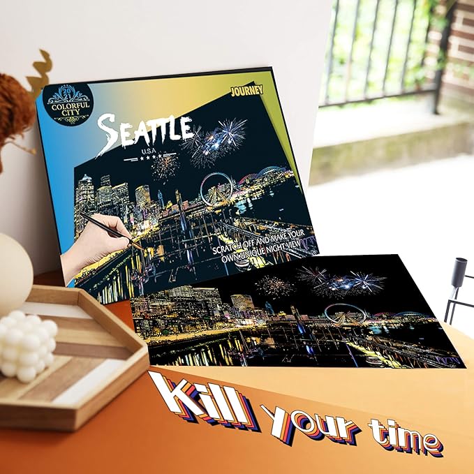 Scratch Painting Kits for Adults Rainbow Painting Art Paper, World Famous City DIY Night View Scratchboard for Adults with 4 Tools,Size 11.2''x16'' (Seattle)