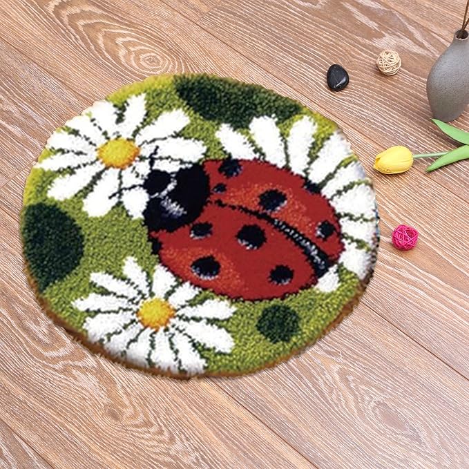 kingsea Latch Hook Kits for Adults, Color Printed Rug Latch Hook Kits for Teen, DIY Needle Craft Shaggy Rug for Home Decoration (20"X 20") - Red Ladybug