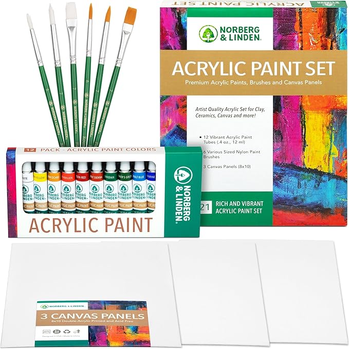 Acrylic Paint Set -12 Acrylic Paints, 6 Paint Brushes for Acrylic Painting, 3 Painting Canvas Panels - Premium Art Supplies for Adults Canvas Painting
