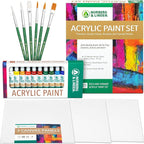 Acrylic Paint Set -12 Acrylic Paints, 6 Paint Brushes for Acrylic Painting, 3 Painting Canvas Panels - Premium Art Supplies for Adults Canvas Painting