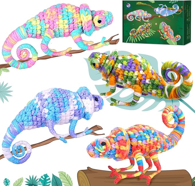 Crochetta Crochet Kit for Beginners, Crochet Starter Kit w Step-by-Step Video Tutorials, Beginner Crochet Kit for Adults Kids Women Men Complete Kit Included (4 Chameleons Family)