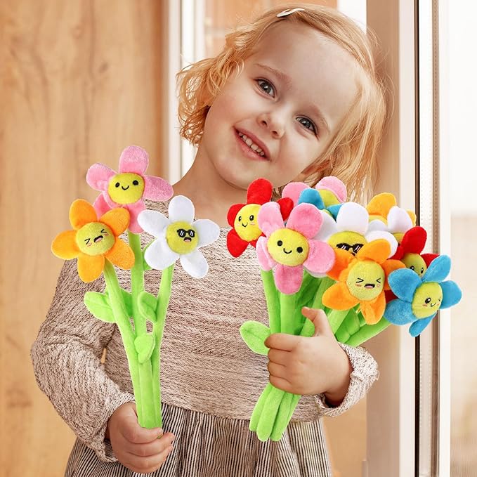 10 Pcs Plush Smile Flower Stuffed Bendable Stems Plush Bouquet Toy Soft Flower 12.6 Inch for Christmas 2025 Mother's Day Girl Girlfriend Wife(Cute Style)