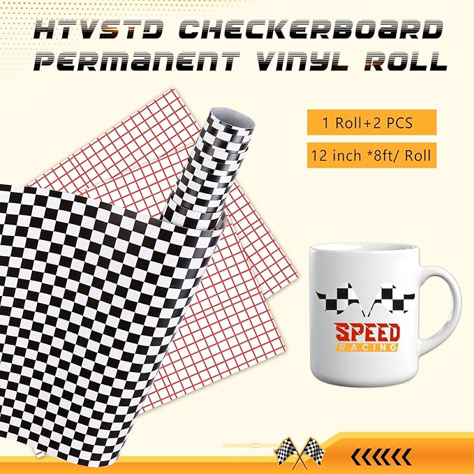 Black Checker Permanent Vinyl Roll - 12'' x 8ft Racing Falg Patterned Adhesive Vinyl for Mugs Decors Self Adhesive Sticker