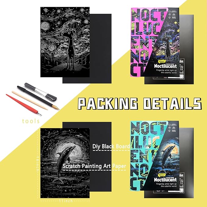 Scratch Painting Art Paper Scratch Art for Adults,Creative DIY Art Craft Gift Scratch Rainbow Painting Luminous Paper Set with 4 Tools 16''x11''(Dolphin&Dog)