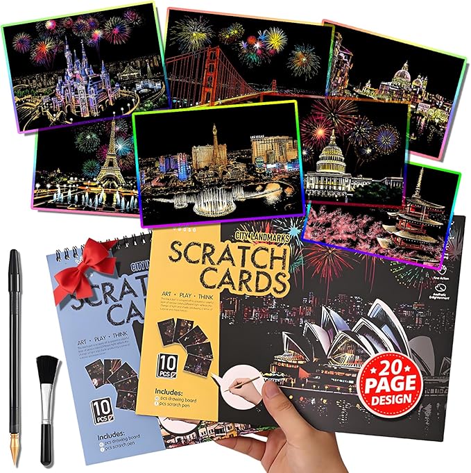 Scratch Art Book(A4-20Page) for Adults & Teens – ASMR Stress-Relieving Scratch Off Art | Paint by Scratch Kit Set | Travel Landmarks & Engraving Art | Creative Gift for Adults (Rainbow City Series)