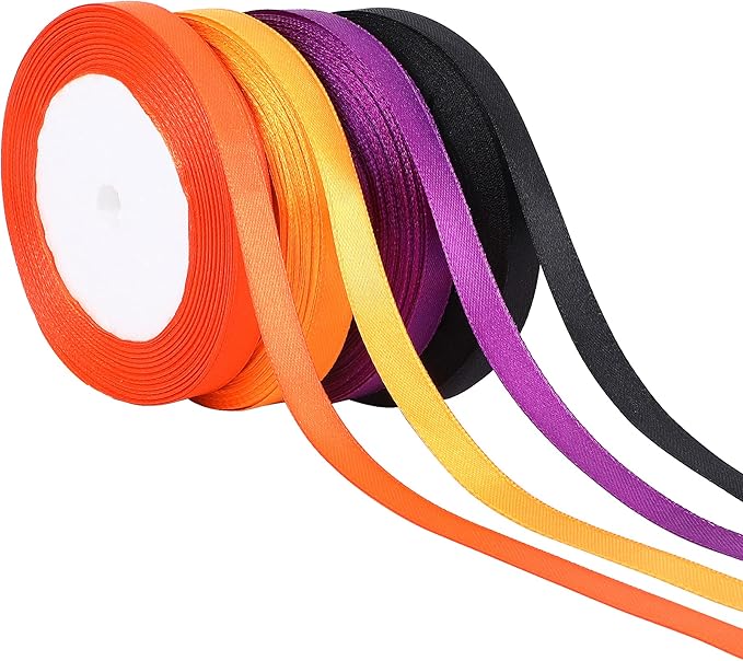 DECYOOL 4 Rolls 100 Yards Halloween Ribbons 10mm Wide Holiday Gift Wrapping Satin Ribbon for Halloween Party Decoration, DIY Bows Crafts