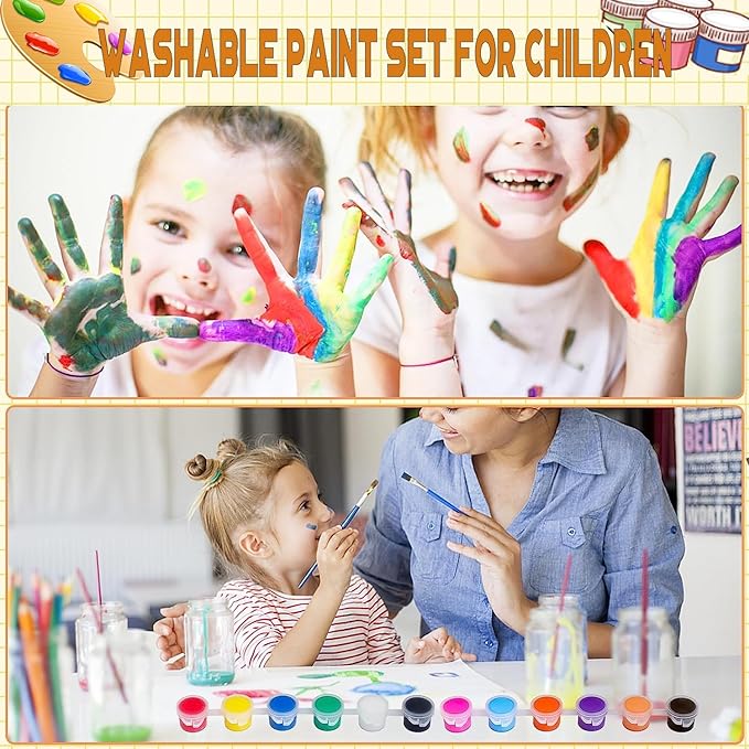 420 Pcs Washable Acrylic Paint for Kids Arts and Crafts, 30 Gouache Watercolor Paint Sets of 12 Colors for Party Classroom Painting Supplies, 30 Flat and 30 Pointed Brushes