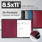 Dunwell Art Portfolio 8.5x11 Folder (Ruby), Black Mounting Paper, Portfolio Binder for Artwork, 8.5 x 11 Art Folder, 24 Pockets Display 48 Pages, Acid-Free Poly Presentation Book