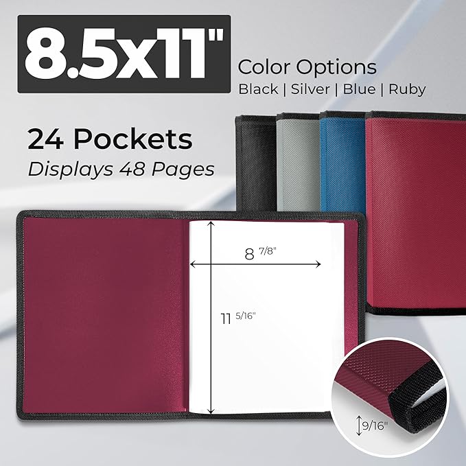 Dunwell Art Portfolio 8.5x11 Folder (Ruby), Black Mounting Paper, Portfolio Binder for Artwork, 8.5 x 11 Art Folder, 24 Pockets Display 48 Pages, Acid-Free Poly Presentation Book