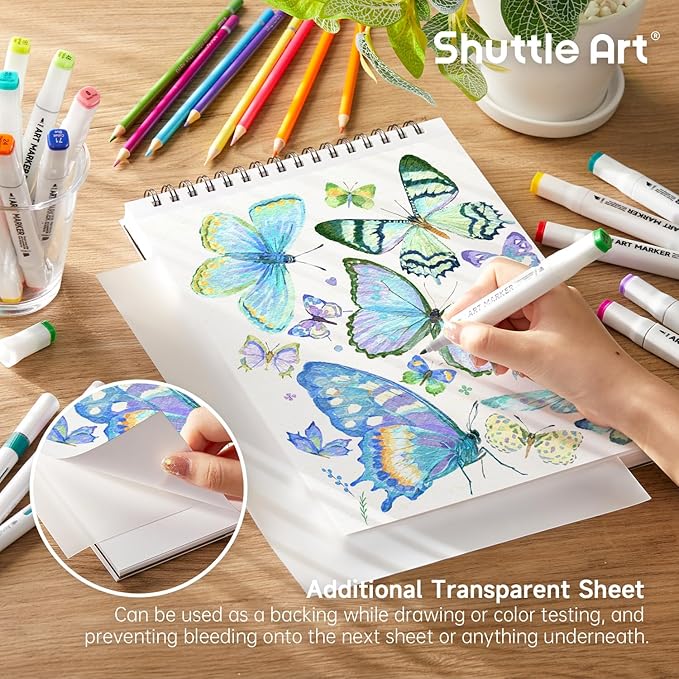 Shuttle Art Marker Pad, 12”x9” Portable Sketchbook, 70 Sheets Marker Drawing Paper, 110LB/180GSM Smooth Surface Bleedproof Art Paper, Spiral-Bound, Great for Artists to Draw, Paint & Sketch