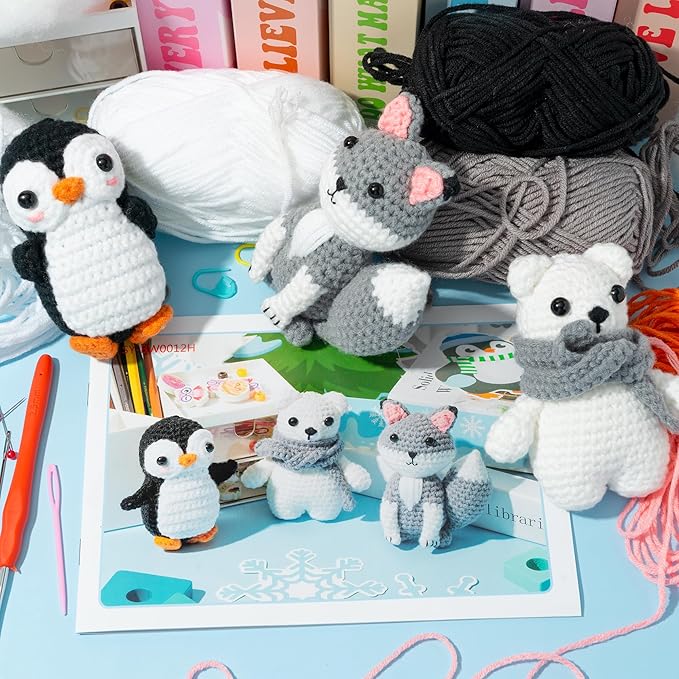 BWkoss Crochet Kit for Beginners, Polar Animal Crochet Starter Kit for Adults Kids Fox Penguin Polar Bear DIY Yarn Knitting Craft Supplies with Step-by-Step Video Tutorials for Knitting Enthusiast