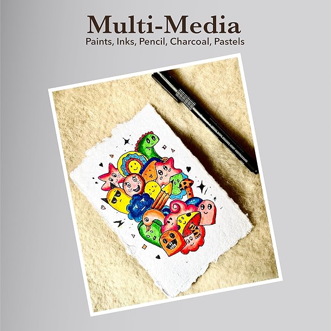 Wanderings White Thick Handmade Deckled Edge Cotton Paper - Cold Pressed Texture - Paint, Watercolor, Drawing, Writing, Cards, Invitations, Menus, Arts and Crafts. 25 Pack White 300gsm - 4" x 6"