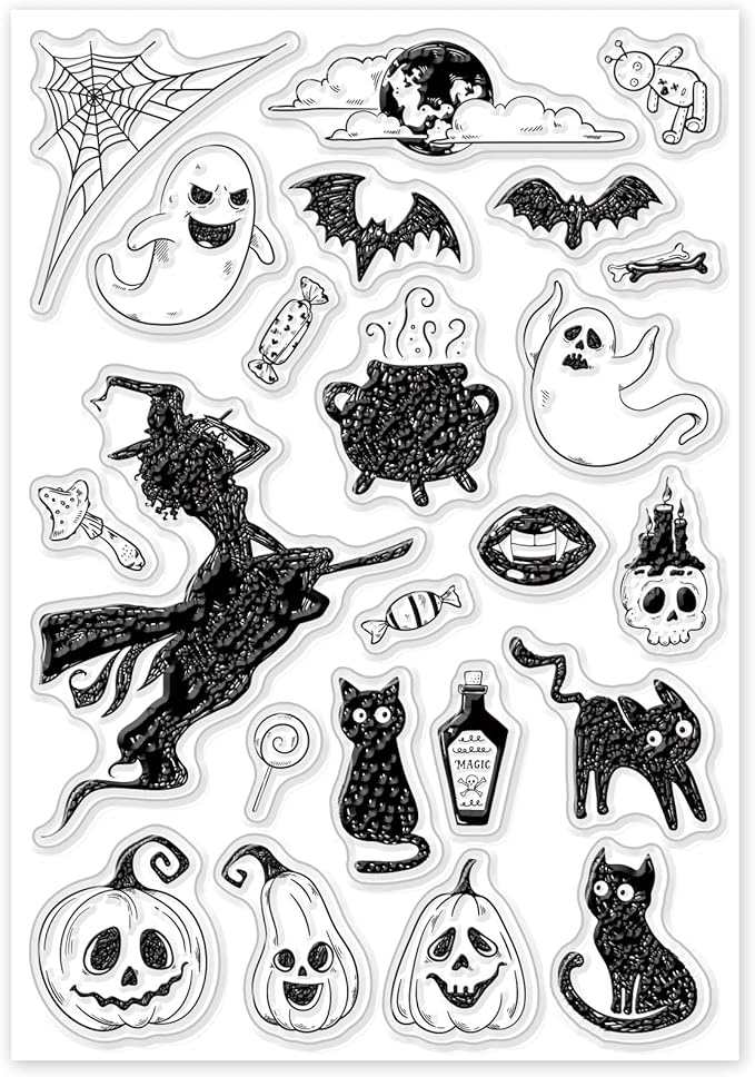 ORIGACH Silicone Clear Stamps - Witch, Ghost, Cat, Bat, Pumpkin Reusable Stamps for Card Making, Scrapbooking & DIY Halloween Décor - 6.3x4.3inches