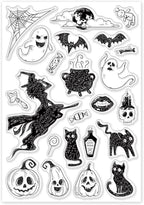 ORIGACH Silicone Clear Stamps - Witch, Ghost, Cat, Bat, Pumpkin Reusable Stamps for Card Making, Scrapbooking & DIY Halloween Décor - 6.3x4.3inches