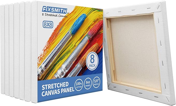 FIXSMITH Stretched White Blank Canvas- 8x8 Inch,8 Pack,Primed,100% Cotton,5/8 Inch Profile of Super Value Pack for Acrylics,Oils & Other Painting Media.