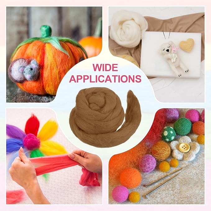 MECCANIXITY Wool Roving Yarn Soft Felting Wool 50g/1.76oz Pure Chunky Roving Yarn for Needle Felting Knitting Blanket Spinning Weaving Art DIY Craft Brown