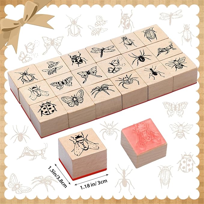18 Pcs Insect Wood Stamps Set Wooden Rubber Holiday Stamps for Card Making Decoration and Scrapbooking Supplies