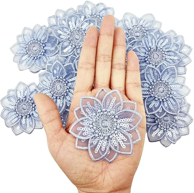 BETITETO 20pcs Embroidery Flower Lace Applique Exquisite 3D Sequins Organza Floral Sew On Patches for Wedding Bridal Dress Clothes Headpieces Sewing Craft DIY (Blue)
