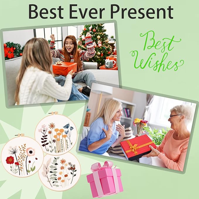 Ohcol 3 Sets Embroidery Kit,Needlepoint Kits for Adults,Needle Point Cross Stitch Kits for Beginners with Washable Pre-Printed Floral Pattern,3 Hoops,Women DIY Hand Crafts