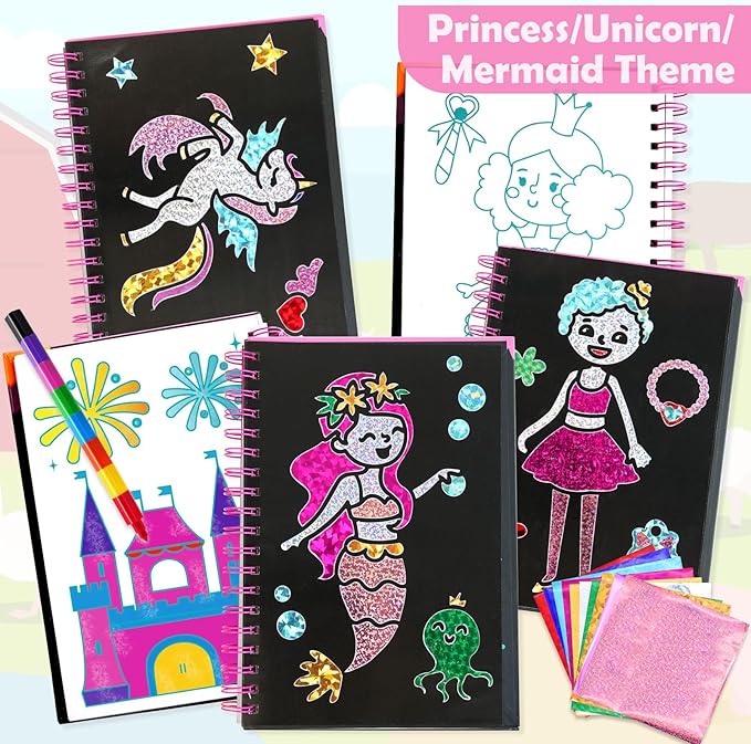 FUNNYB&G Foil Art Craft for Kids - Christmas Crafts Gift Party Favors Stocking Stuffers for Kids Fun Art Supplies Creative Birthday Gift Travel Toys for Girls Boys 4 5 6 7 8 9 Years Old(Princess)