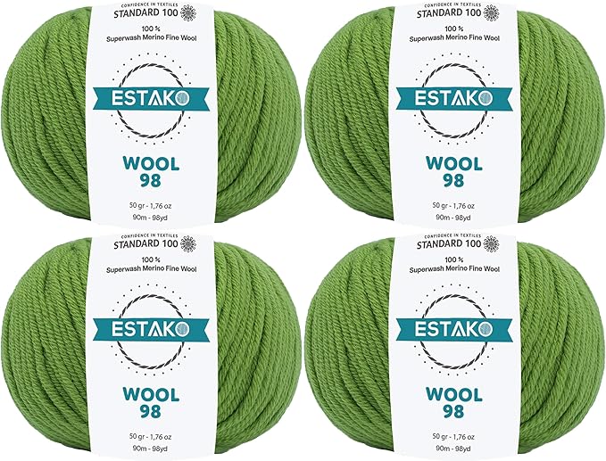 Estako Wool 98 (4- Skeins Pack) 100% Superwash Merino Wool Medium Worsted Weight Soft Knitting and Crochet Yarn (4 x 1.76 oz) (4 x 98 yds) (6371-Green)