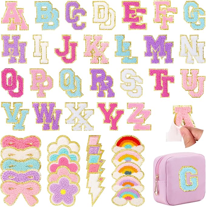 72 Pcs Preppy Chenille Patches Self Adhesive Embroidered for DIY Clothing,Include 52 A-Z Chenille Letter Patches Stickers,20 Rainbow Flower Lighting Bowknot Stick on Backpack Patches for Bags Hats