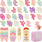 72 Pcs Preppy Chenille Patches Self Adhesive Embroidered for DIY Clothing,Include 52 A-Z Chenille Letter Patches Stickers,20 Rainbow Flower Lighting Bowknot Stick on Backpack Patches for Bags Hats