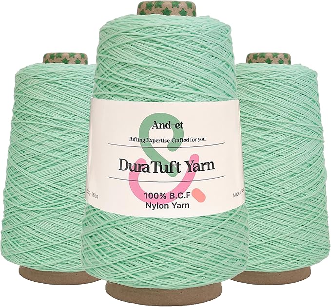 And-et DuraTuft Yarn 45 Vibrant Colors Tufting Nylon Yarn Pack - Ideal for Crochet, Craft Projects -100% B.C.F. - 3 Cones x 1.66lbs -180yards -Perfect for Rug Weaving and Knitting (34 Mint)