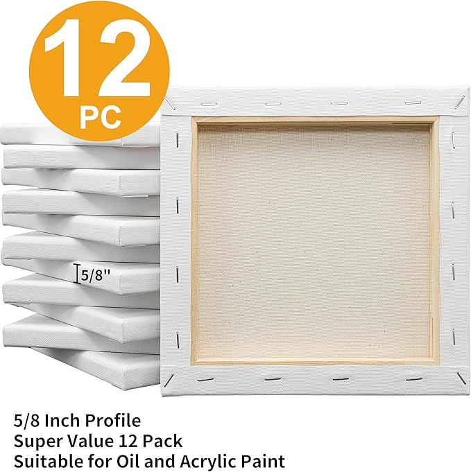 FIXSMITH Stretched White Blank Canvas- 8x8 Inch,Bulk Pack of 12,Primed,100% Cotton,5/8 Inch Profile of Super Value Pack for Acrylics,Oils & Other Painting Media.