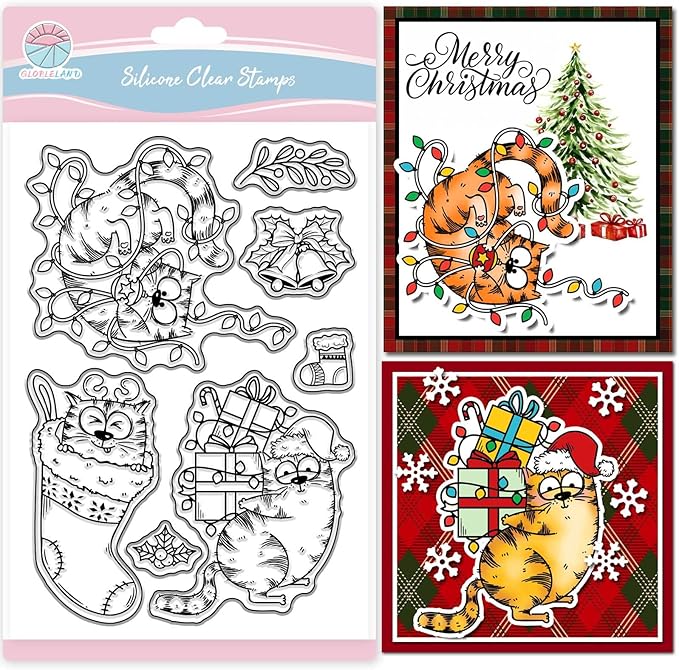 GLOBLELAND Christmas Comic Cat Clear Stamp for Card Making Cartoon Cats Silicone Stamps Christmas Stockings Transparent Stamp for DIY Scrapbooking Embossing Journaling