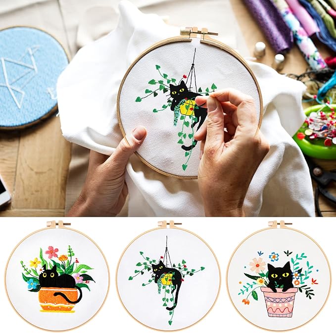 Nuberlic 3 Sets Cute Cat Embroidery Kit for Adults Beginners, Stamped Cross Stitch Starter Kits Include Needlepoint Cloth Hoops Needles Threads and Instruction