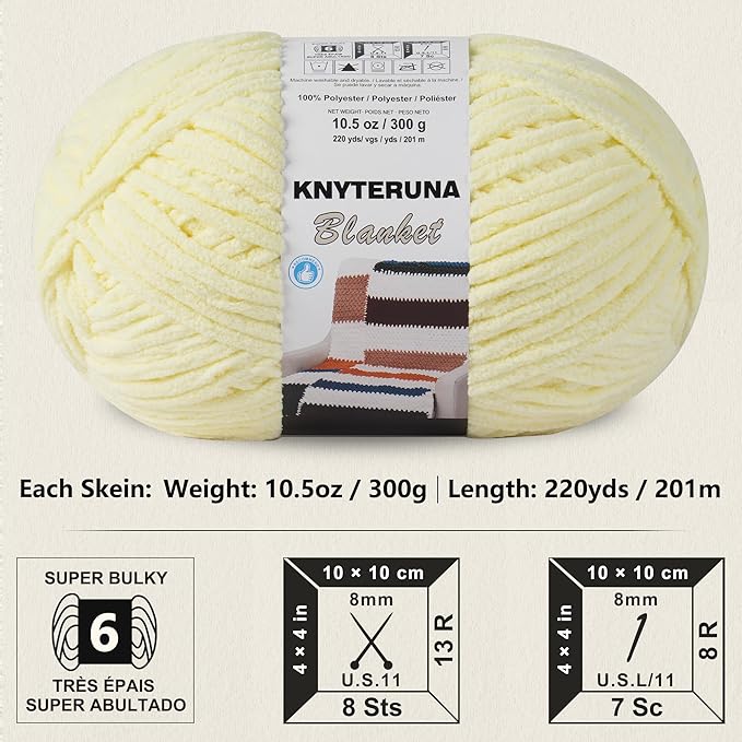 #6 Super Bulky Blanket Yarn for Crocheting - 4 Skeins(Each 10.5oz/300g, 220yds/201m), Chunky Chenille Thick Plush Big Soft Yarn for Crocheting Knitting Blankets, Light Yellow