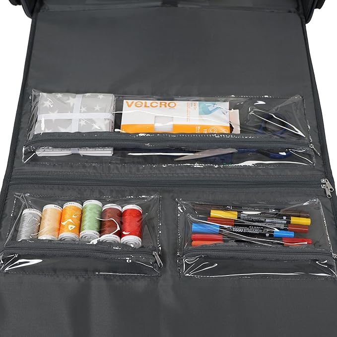 Everything Mary XL Flat-Top Rolling Sewing Machine Case – Tan Geo Craft Bag with Wheels – Portable Organizer for Sewing, Scrapbooking, Quilting & Craft Supplies