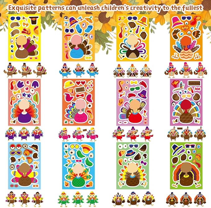36 PCS Make a Turkey Stickers, Thanksgiving Stickers for Kids Make Your Own Turkey Sticker for Thanksgiving Party Favors Crafts School Rewards