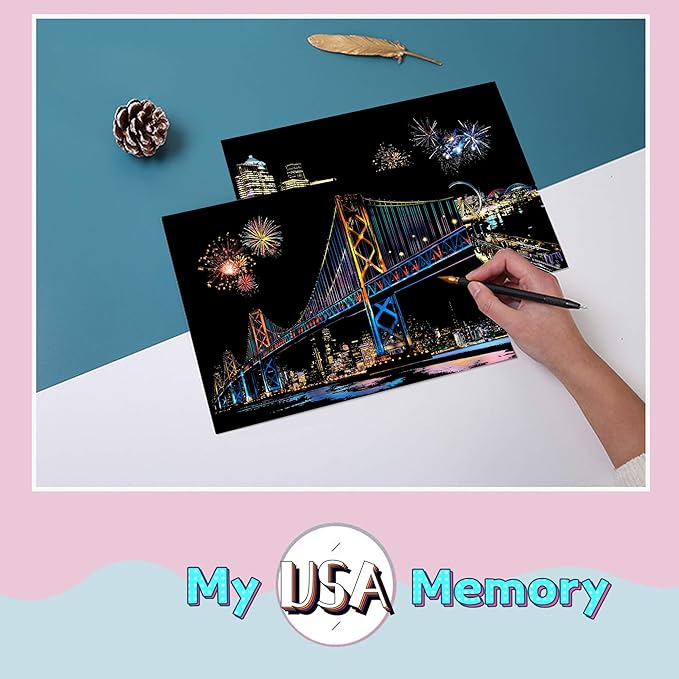 Scratch Painting Kits for Adults Rainbow Painting Art Paper, World Famous City DIY Night View Scratchboard for Adults with 4 Tools,Size 11.2''x16'' (Seattle)