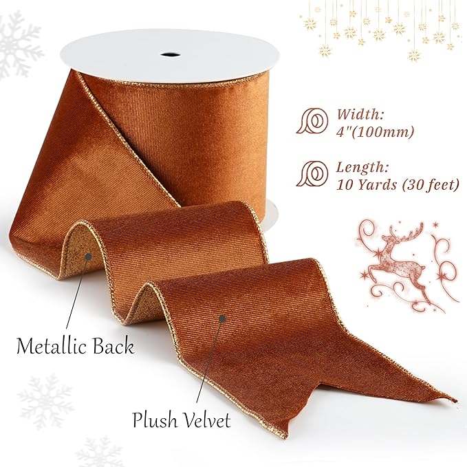 Copper Velvet Wired Ribbon with Glitter Back 4 Inch Copper Christmas Ribbon Wired Ribbon for Christmas Tree Decorations, Gift Wrapping, Crafts, Wreaths Supplies, Topper Bows (10 Yards)