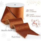 Copper Velvet Wired Ribbon with Glitter Back 4 Inch Copper Christmas Ribbon Wired Ribbon for Christmas Tree Decorations, Gift Wrapping, Crafts, Wreaths Supplies, Topper Bows (10 Yards)