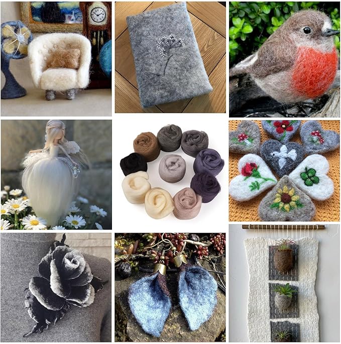 FASHEWELRY 1.76 OZ Needle Felting Wool Roving Black White Gray Nature Wool Roving Yarn DIY Handmade Spinning Felt Kit for Felted Animal Needle Felting Supplies