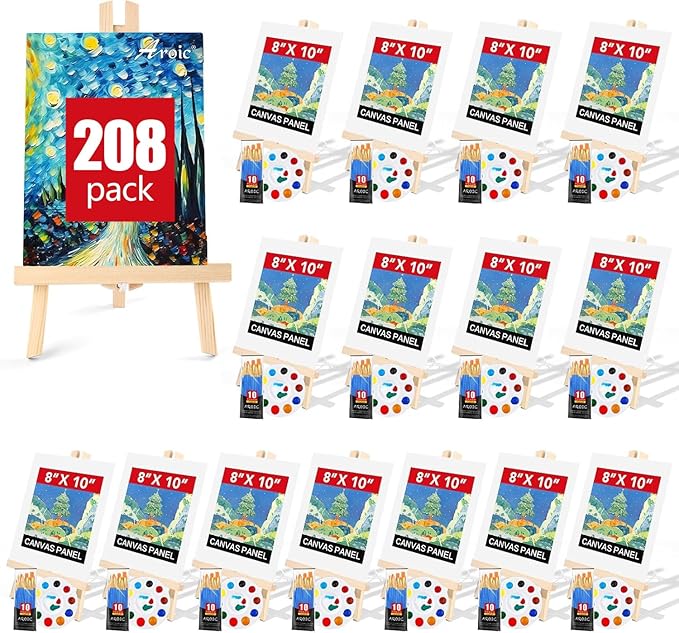 AROIC 208 Pack Easel and Canvas Sets with 16 Wood Easels,160 Brushes,16 Canvas and 16 Palette, Painting Set, Tabletop Easel, Art Easels, Painting Supplies for Kids & Adults to Paint Party