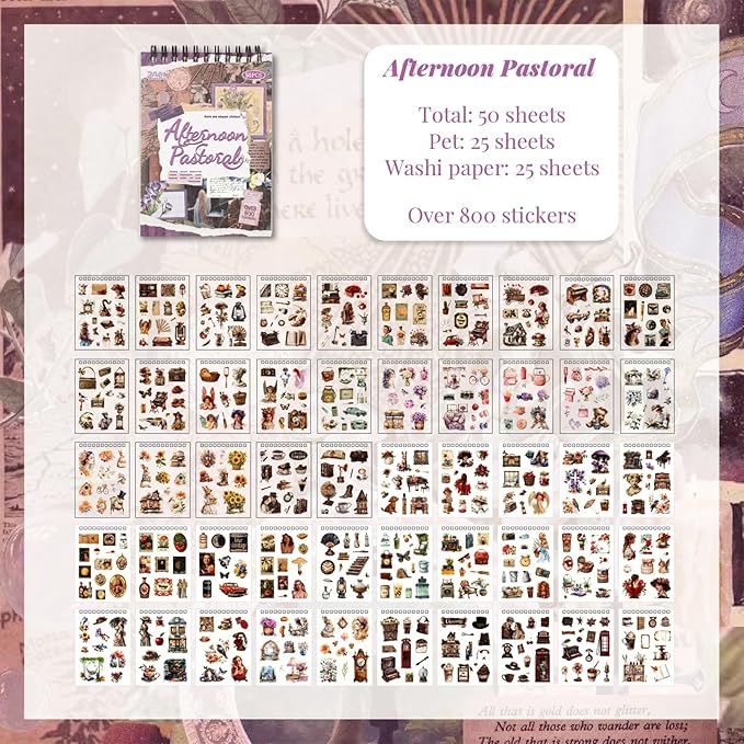 Vintage Scrapbook Sticker Supplies, 25 Sheets PET and 25 Sheets Washi Stickers, Over 800 Self-Adhesive Pre-Cut Stickers for Junk Journal, Bujo, Collage, Adult Crafts Arts, Letters DIY