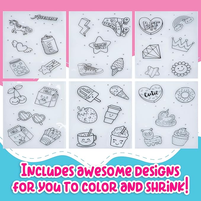 GirlZone Shrink Craft Kit for Kids, DIY Keychain & Magnet Making Set with Pre-Designed Shrink Plastic Sheets & Chalk Pens, Screen-Free Art Activity, Creative Gift for Birthdays, Christmas & Holidays