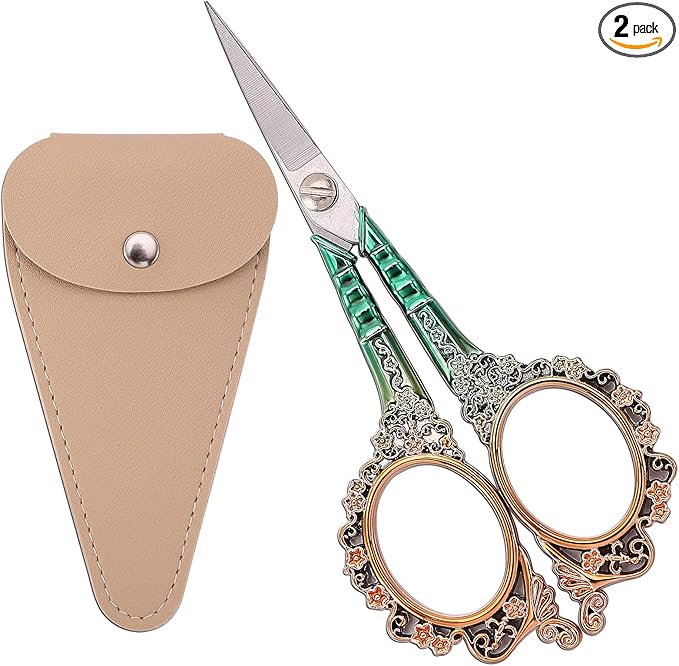 Sewing Scissors Sharp Embroidery Scissors with Sheath, Craft Scissor for Needlework Artwork Threading Cross Stitch Handicraft DIY Tool, 4.5in Gold Green Shears