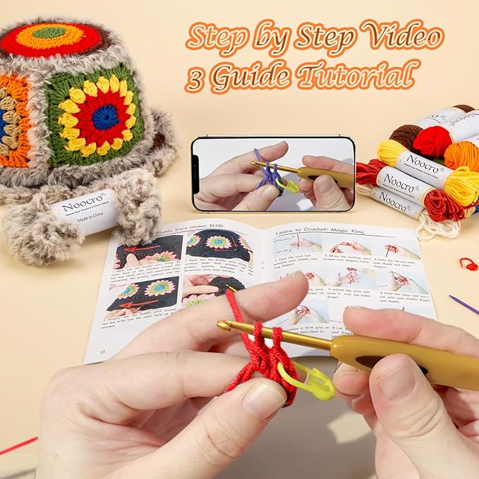 Noocro Crochet Kit for Beginners or Intermediate Level, Fuzzy Granny Square Bucket Hat, Step by Step Video Tutorial, Detailed Instruction Complete Kit Craft Supplies Holiday Gift
