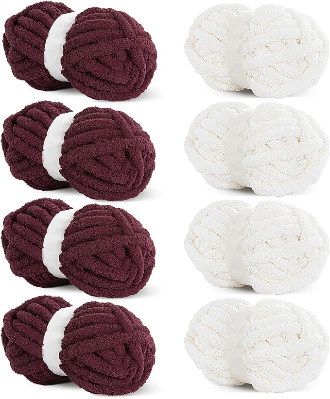 HOMBYS 8 Pack Assorted Chunky Yarn for Crocheting,Super Bulky Large Soft Fluffy Yarn,Plush Fuzzy Yarn,Thick Chenille Yarn for Hand Knitting/Arm Knitting,4 Cream & 4 Wine Red(27yds,8 oz Each Skein)