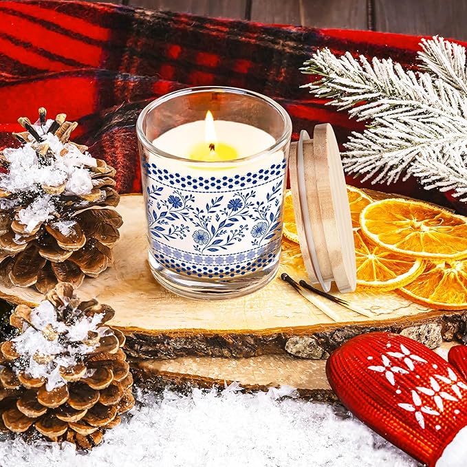 Ziliny 10 Pcs Christmas Blue and White Porcelain Glass Candle Jars Empty Containers Bulk 7 oz Ceramics Glass Jars with Cork Lids Tins for Candle Making Storing Biscuits Tea Party Favors