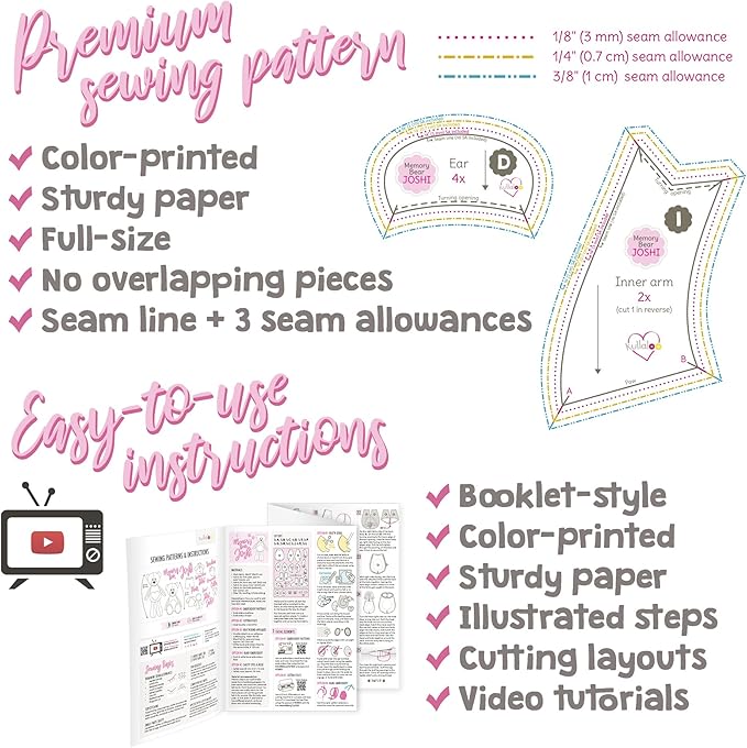 kullaloo Memory Bear Sewing Pattern – Stuffed Teddy Bear Plush Toy with Removable Collar, Shirt & Jacket | Memorial Bear Template with QR Video Tutorials, PES & SVG Files | Designed in Canada