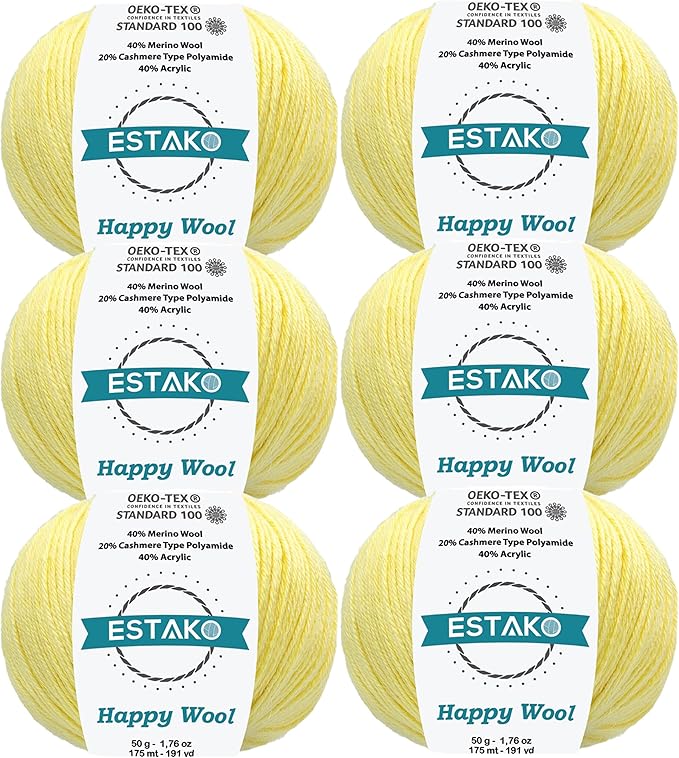 Estako Happy Wool (6 Skeins Pack) 40% Merino Wool 20% Cashmere Type Polyamide 40% Acyrlic Fingering Weight Soft Knitting and Crochet Yarn (6 x 1.76 oz) (6 x 191 yds) (8033 - Lemon)