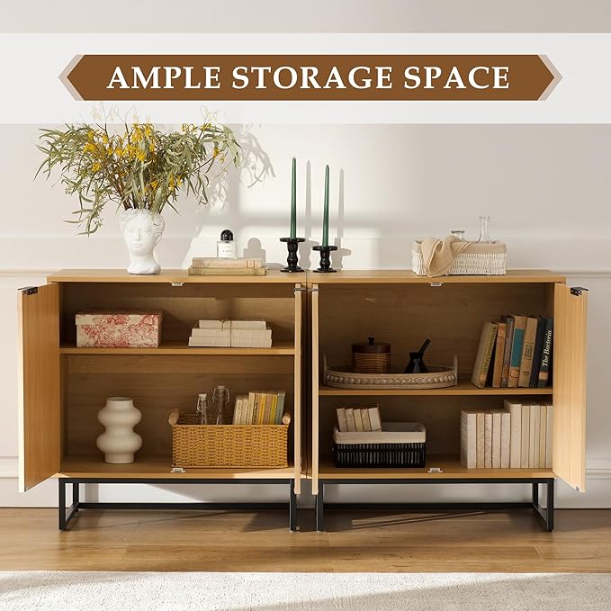 Fluted Storage Cabinet,Sideboard Buffet Cabinet with Adjustable Shelves,Multifunctional Console Table with Storage Credenza Accent Cabinet for Living Room, Dining Room, Hallway, Natural Oak