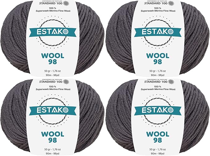 Estako Wool 98 (4- Skeins Pack) 100% Superwash Merino Wool Medium Worsted Weight Soft Knitting and Crochet Yarn (4 x 1.76 oz) (4 x 98 yds) (6357-Smokey Grey)